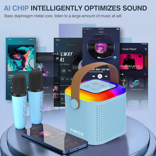 Portable Kids Karaoke Machine with Bluetooth Speaker, Dual Wireless Mics & LED Light Show, Fun Singing Party Gift for Toddlers & Families (Blue)